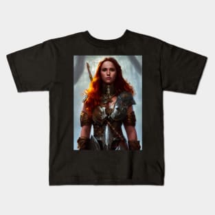 Barbarian red hair woman in full armour Kids T-Shirt